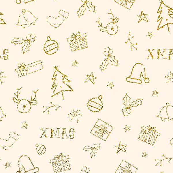 Baumwoll Druck Goldene Weihnachtsmotive auf Creme